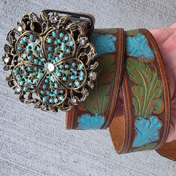 Vintage Arden B Genuine Leather Belt with Ornate Turquoise-Style Buckle - Picture 3 of 9